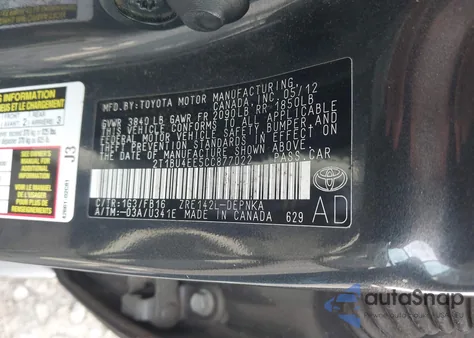 2012 Toyota Corolla Le from USA, damaged, VIN 2T1BU4EE5CC877022